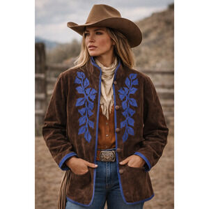 Vintage Linea by Louis Dell'Olio Brown Suede Blue Embroider Western Boho Coat L